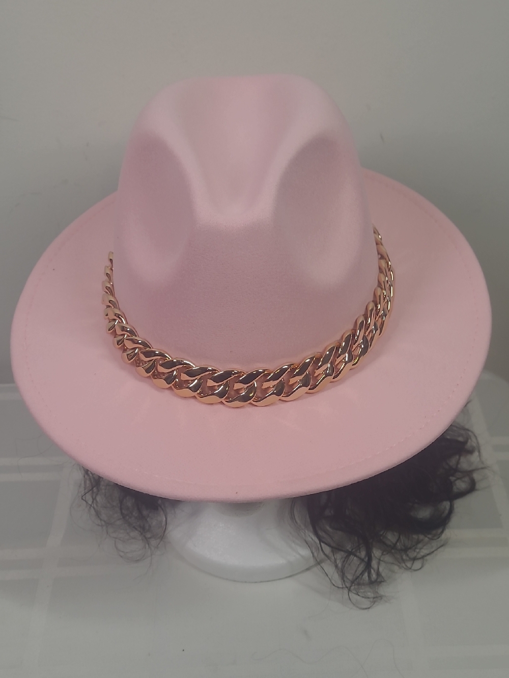Pink Fedora Hat with Gold Chain Accent